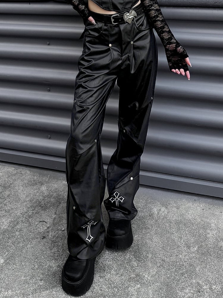 Punk Rock Black Cross Appliques Studs Cargo Pants with Belt