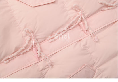 Pink Hooded Down Bowknot Horn Shaped Button Coat