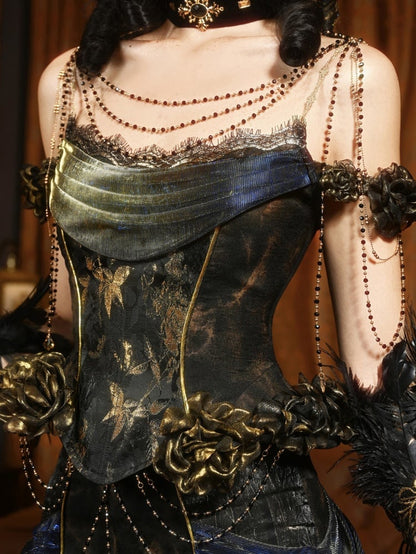 Gold Roses Black and Gold Goth Boned Corset Top