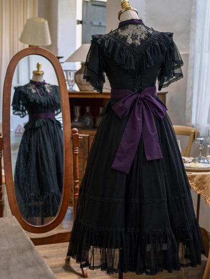 Lolita Butterfly Belt Black Dress Waist Elegant Classic with Sleeves Illusion Neckline Purple Edward