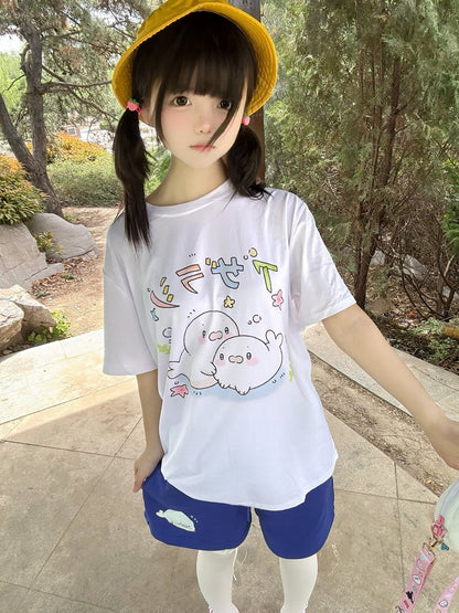 Print Shorts Drawstring Seal Blue Cute Navy Waist