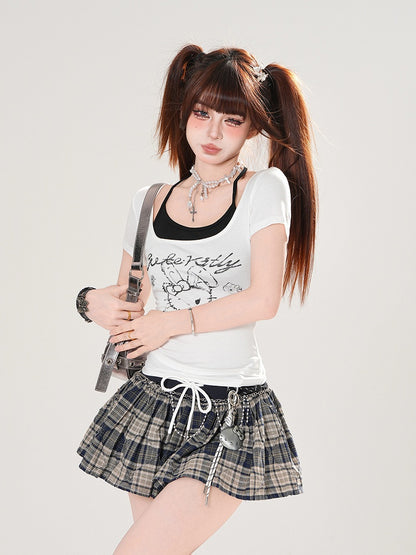Top T-shirt Halter Print Set Bunny Red/White Neck Black with