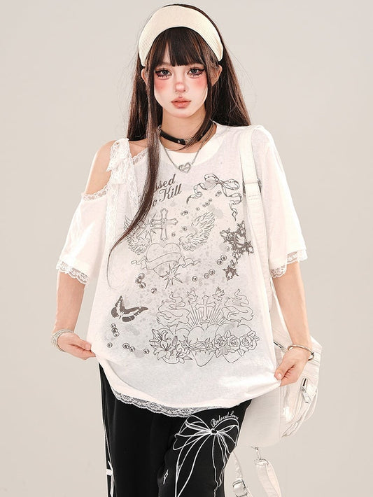 Weißes, lockeres T-Shirt mit Grafik und Cut-Outs an der Schulter