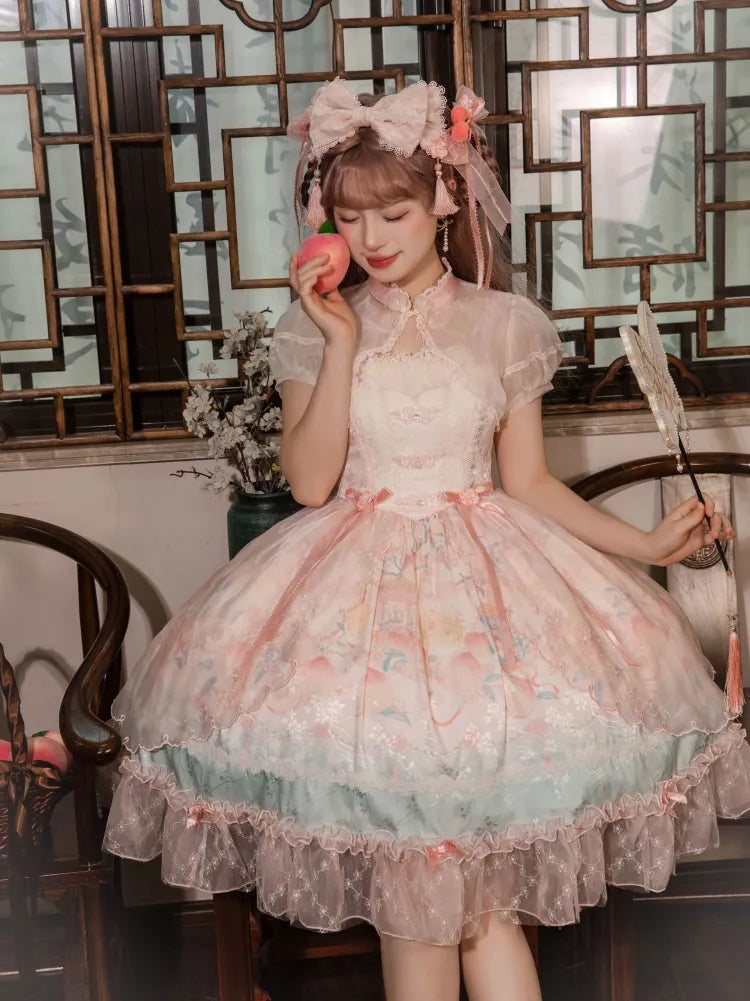 Robe Lolita rose à taille basque, imprimé pêche et fleurs de pêcher JSK