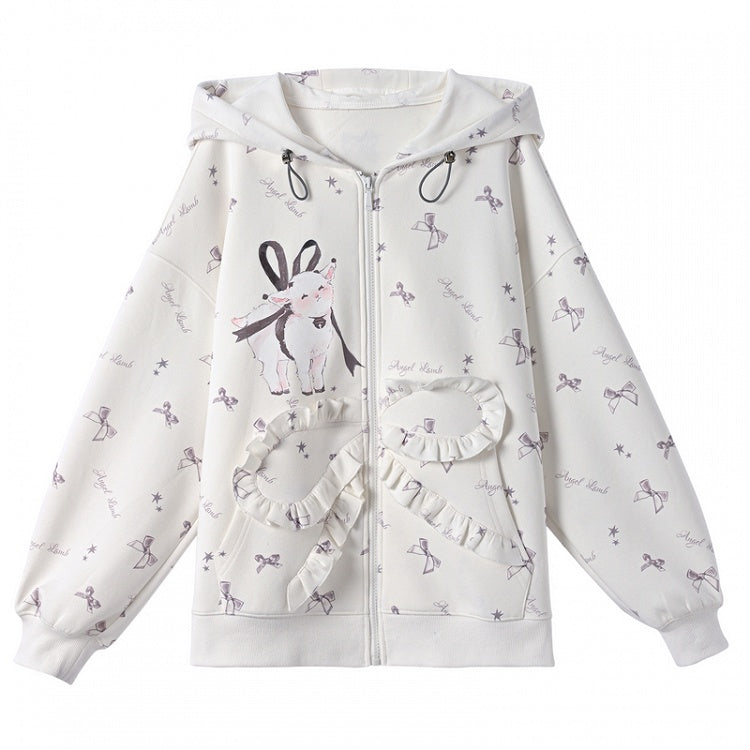 Ruffled Closure Hoodie Lamb Print White Zip Adorable Bowknot