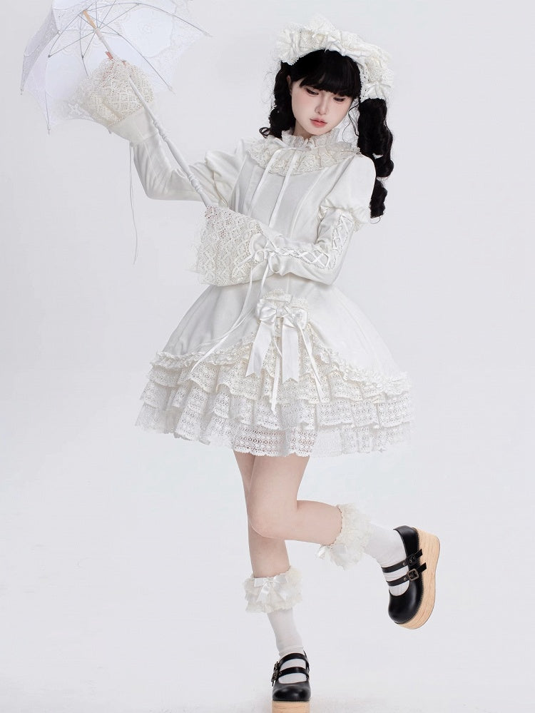 Robe Lolita Shiro à manches longues et col à volants entièrement blanche