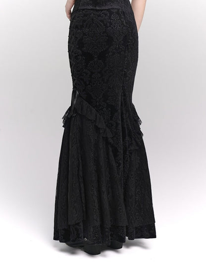 Black Velvet Mermaid Skirt with Lace-up Detail at Side
