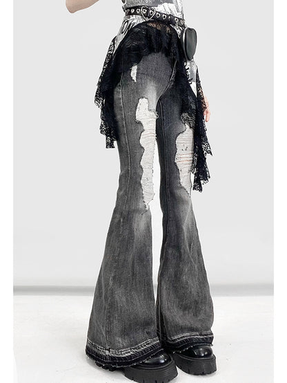 Bittersweet Gray Distressed Details Flare Jeans Holes Silhouette