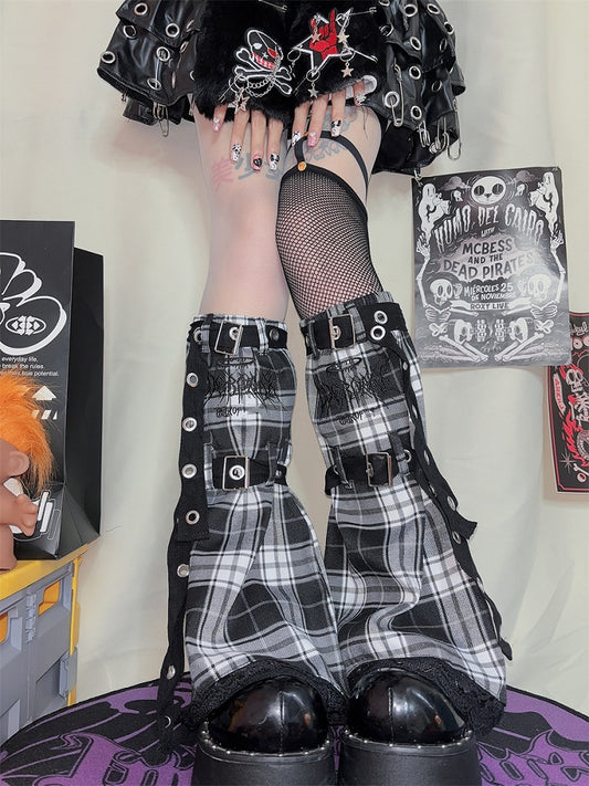 Black&White/Pink/Blue/Black&Grey Plaid Leg Warmers with Buckle Straps