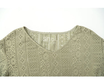 Hem Top with Belt Bohemian Green V-neck Tassels