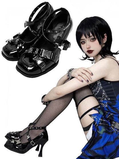 PU Punk Crisscross Details Janes Black Studded High-heel Straps Square Toe with Mary -