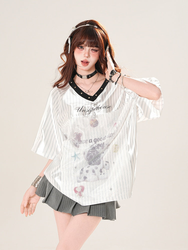 Pink/Silver Blokette Core V-Neck Striped T-Shirt