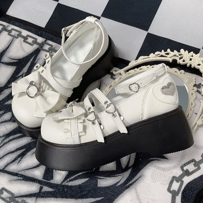 Y2K Matte White Bear Bowknot Buckle Strap Punk Platform Shoes