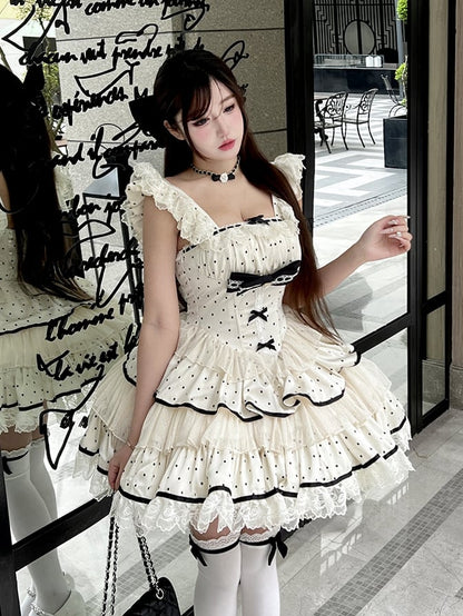 Dress Polka Sweet Tiered Dots Beige Skirt Waist Basque Black