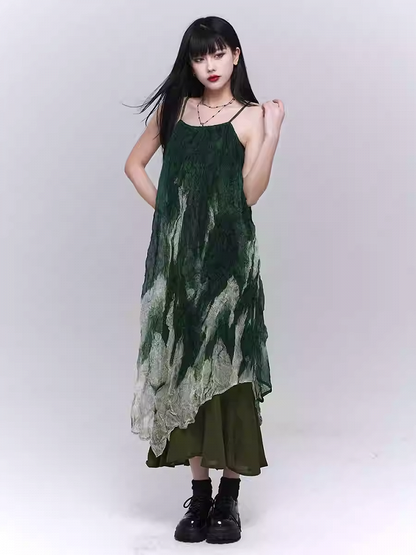 Robe à bretelles spaghetti à volants et ourlet asymétrique vert dégradé
