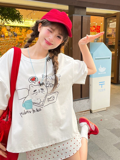 White Round Neck Kitty Print Loose T-Shirt