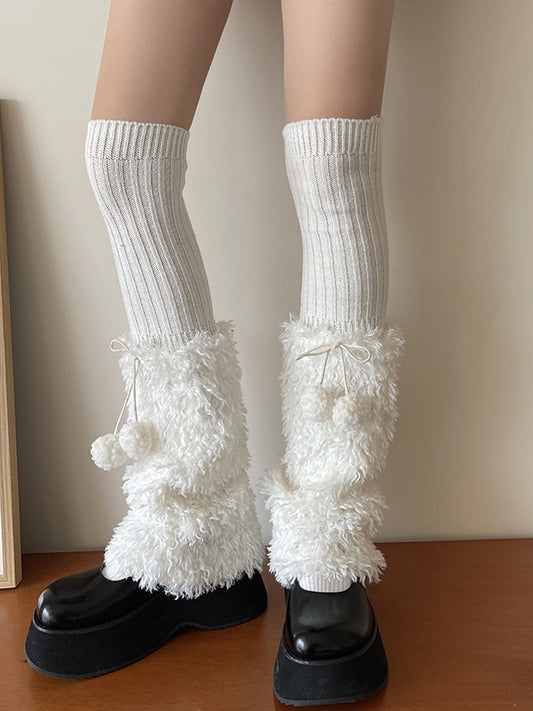 Cute White/Black/Brown Y2K Knit Leg Warmers With Pompons