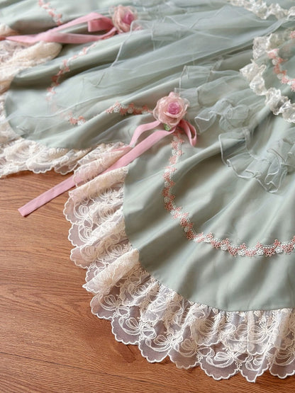 Grünes Baskenhemd mit floralen Schleifen und Hanayome-Lolita-OP / Komplettset