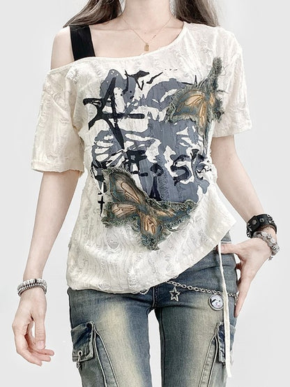 Butterfly White Kawaii Neckline Applique Bittersweet T-shirt Asymmetrical