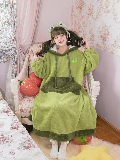 Green Frog Hooded Fleece Pajama Lounge Wear