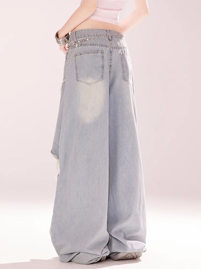 Blue Low Rise Distressed Hole Vintage Wide-leg Jeans Raw Hem