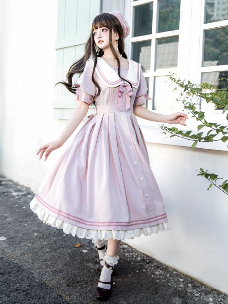 Sakura Pink Sailor Style Summer Dress Pleating Detail Cuffs