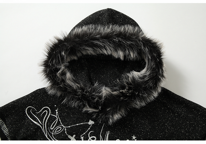 Black&White Plush Trim Striped Sleeves Hoodie