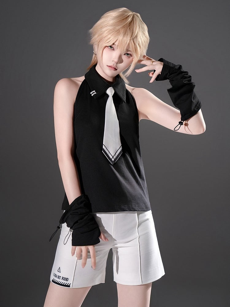 Tie Lolita Neck Sleeveless White with Black Halter Wrist Cuffs and Ouji Top