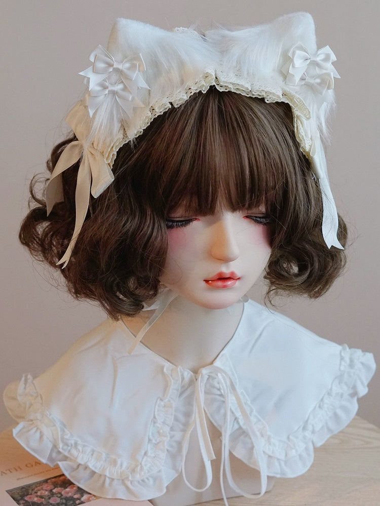 White Cat Lace Bowknot Details Ear Hairband Trim