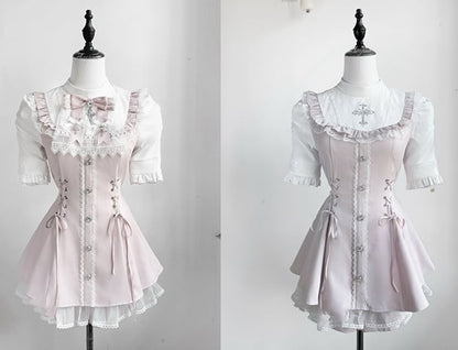 Coord Jirai Bow Bib Dress Kei Short Set: Pink Tie with Sleeve