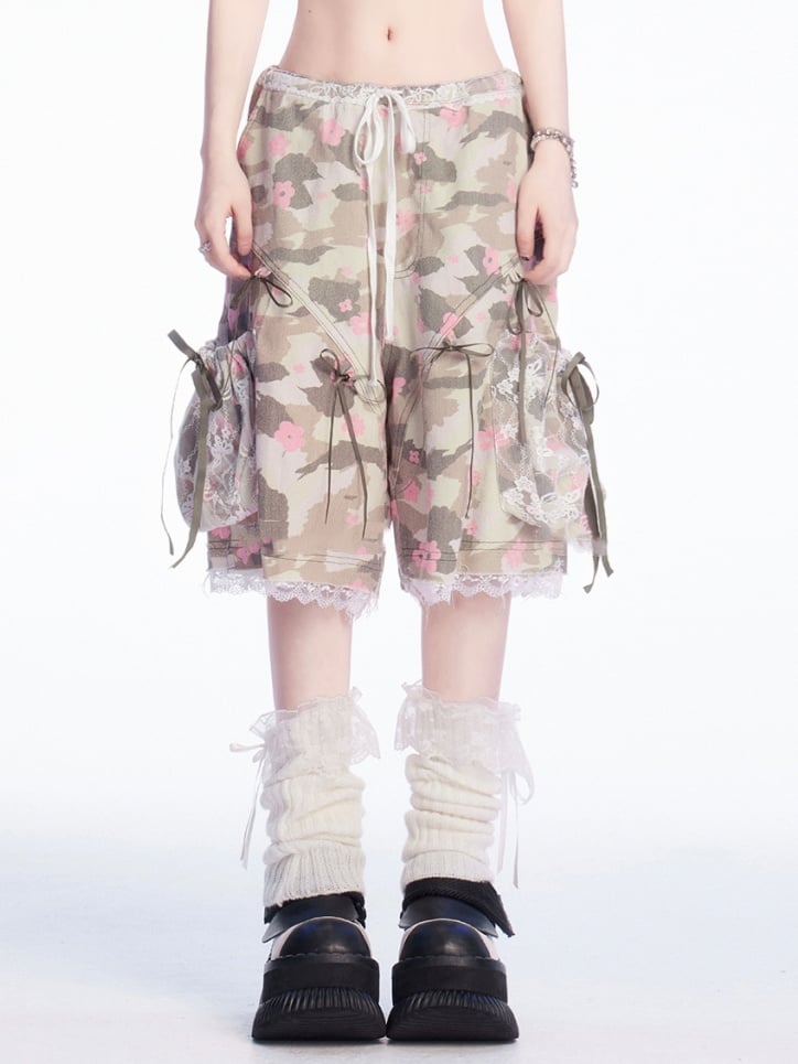 Details Camouflage Drawstring Waist Bowknot Lace Trim Wide-leg