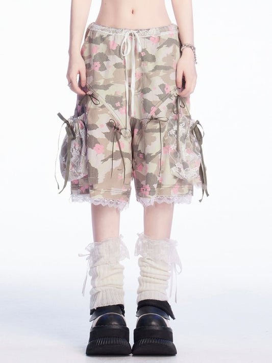 Details Camouflage Drawstring Waist Bowknot Lace Trim Wide-leg