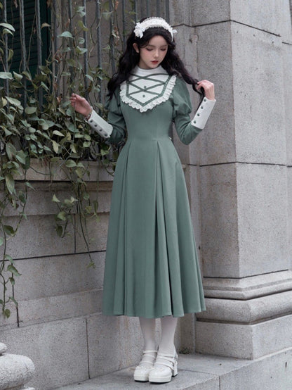 Robe verte élégante à manches Juliette, style lolita, manches longues, une pièce