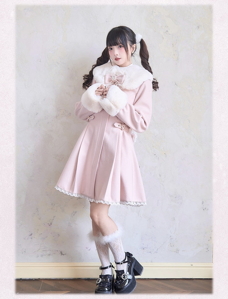 Cuffs Jirai Kei Plush Collar Rhinestones Lace Trim and Pink Coat Bowknots