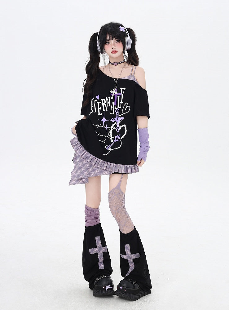 Asymmetrical Red/Purple Plaid Hem Black Punk Rock Graphic T-Shirt