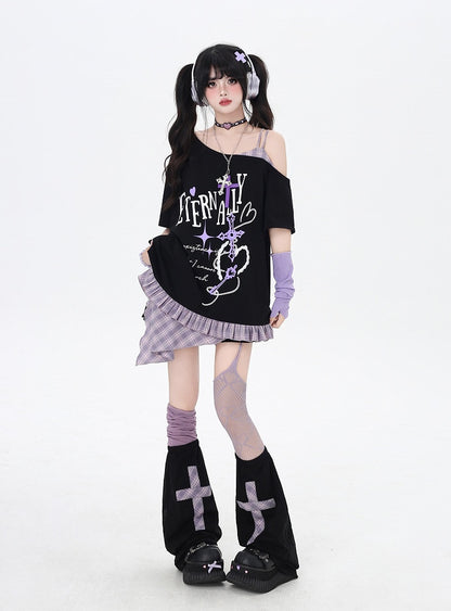 Asymmetrical Red/Purple Plaid Hem Black Punk Rock Graphic T-Shirt