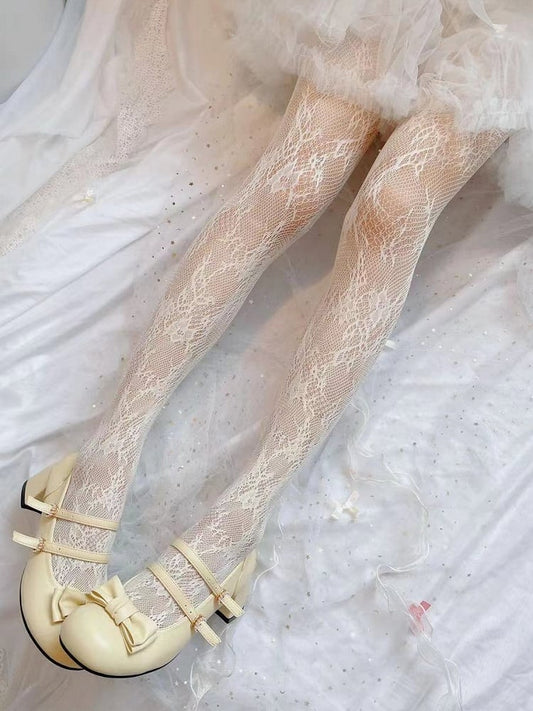 White/Creamy Yellow/Black Floral  Fishnet Tights