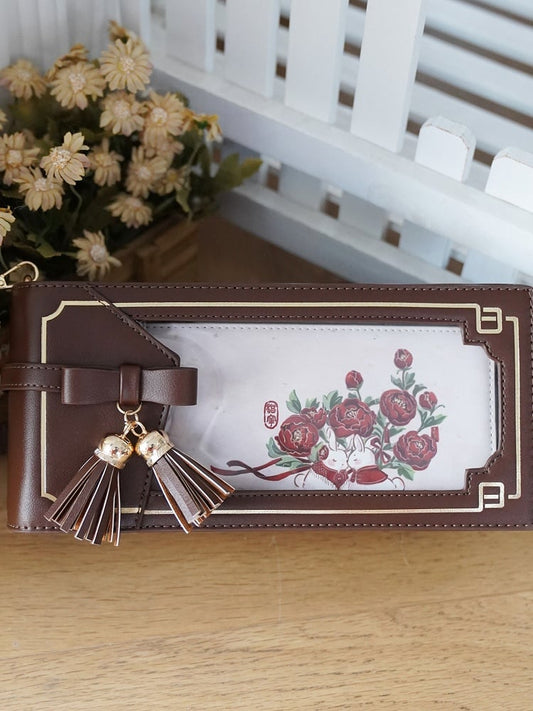 Bow Brown Cheongsam Pattern Floral Bag PU Accent Ita Style With Fringe