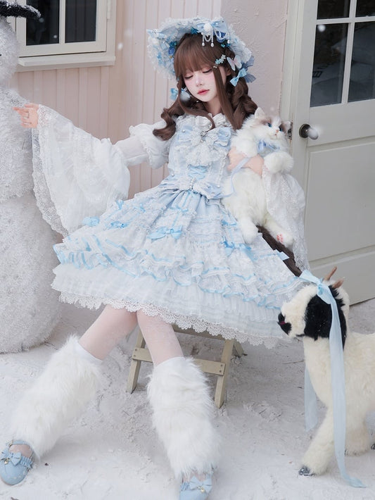 Blue Hanayome Bowknots Layered Skirt Sweet Hime Lolita Jumper Skirt Set