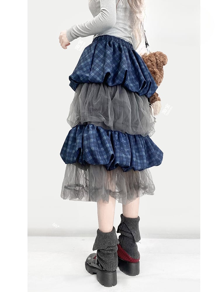 Blue Plaid Pattern Patchwork Design Tiered Bubble Skirt