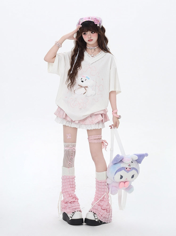V-Neck Plush Puppy Applique Trim Loose T-Shirt Beige/Light Blue Lace