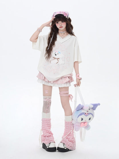 V-Neck Plush Puppy Applique Trim Loose T-Shirt Beige/Light Blue Lace