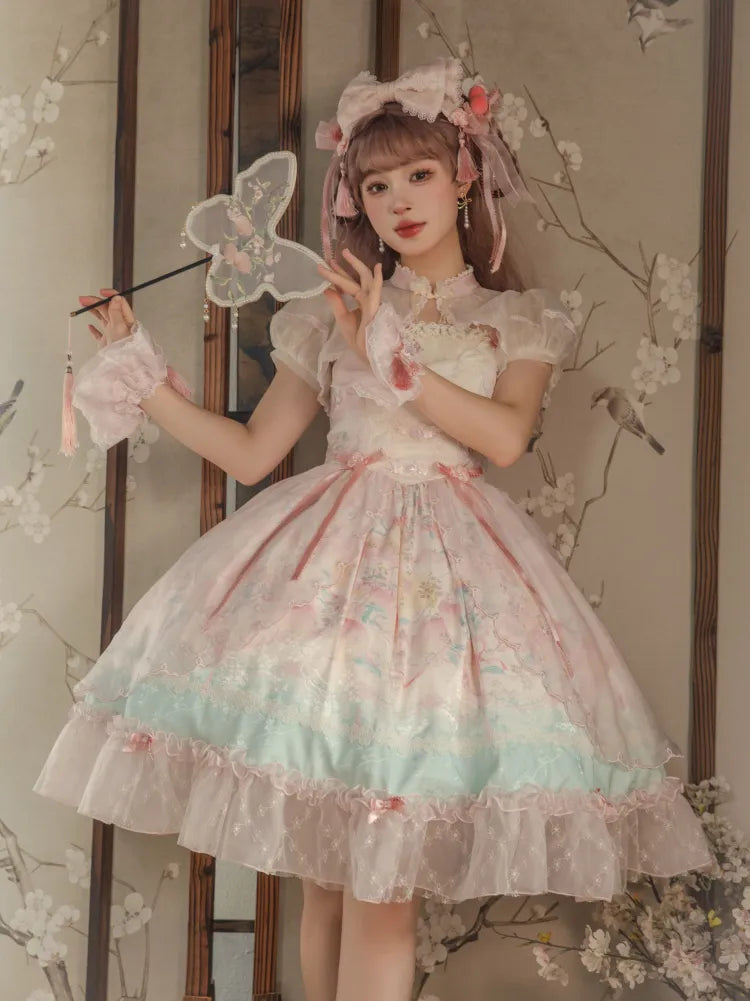 Robe Lolita rose à taille basque, imprimé pêche et fleurs de pêcher JSK