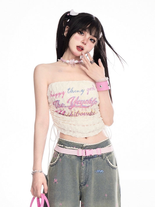 Apricot Drawstring Side Strapless Top Print Lace Cropped Letter