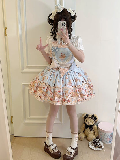 Blue Sweet Teddy Bear and Dessert Lolita Overall Dress