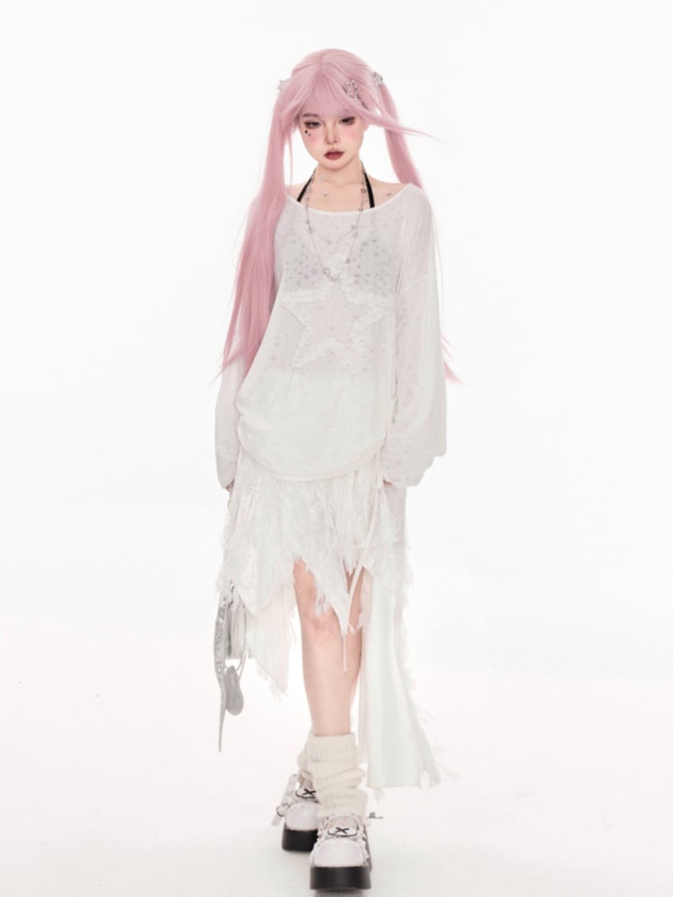 White Asymmetrical Neckline Ruffled Star Drawstring Side Coverup