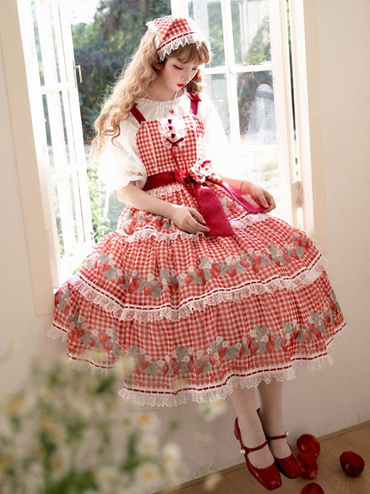 Robe vichy pique-nique Lolita rouge à imprimé fraises et jupe pull Sweet Lolita