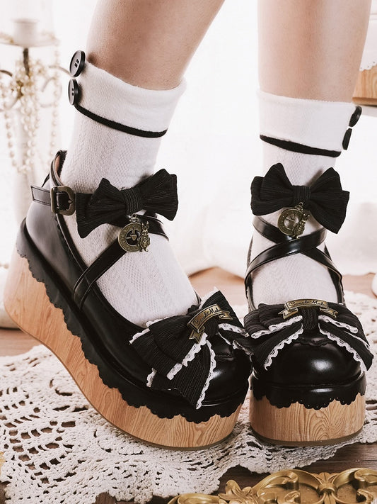 Sweet Toe Bow Charm Uhr - Schwarze runde Lolita Plateau-Akzente