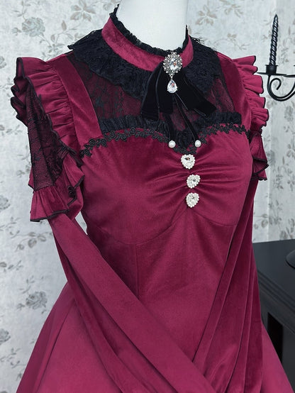 Wine Red Jirai Kei Set Contrast Lace Patches Velvet Landmine Style Dress + Bow Tie + Ruffle Cuffs Shorts