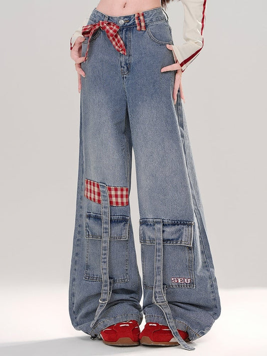 Light Blue Detachable Plaid Bow Cargo Pockets Wide-leg Cut Jeans